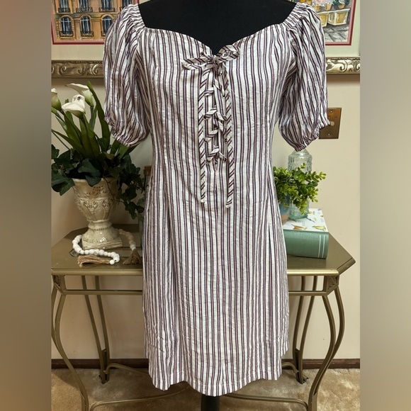 HAYDEN L.A. LACE UP ON OFF SHOULDER PUFF SLEEVE PINK STRIPE MINI DRESS SZ L NWT - Picture 2 of 13